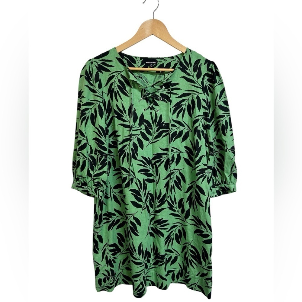Who What Wear Linen Blend Green and Black Leaf Print Dress with Pockets M - Picture 1 of 10